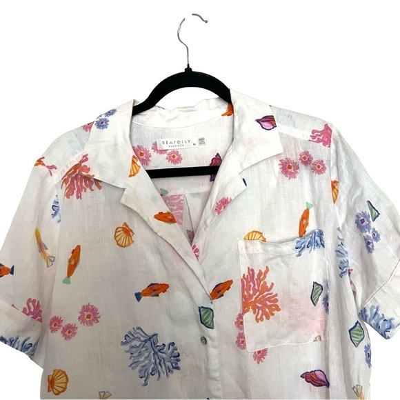 Seafolly White Under The Sea Beach 100% Linen Shirt and Shorts Set Medium - Picture 5 of 16
